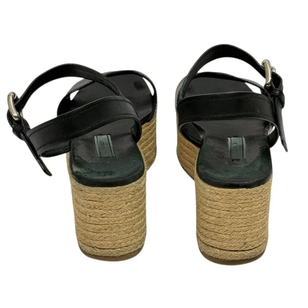 Prada Platform Espadrille Sandals Black Leather Open Toe Size EU 36.5/ US 6.5 - Picture 6 of 16